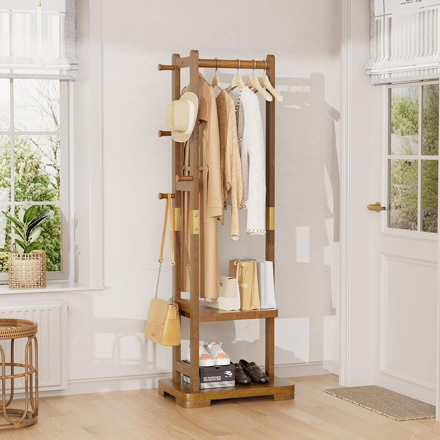 TAITIY Solid Wood Clothes Rack, 2 Shelves & 4 Hooks, Size S 18.11" Wide, Walnut Brown